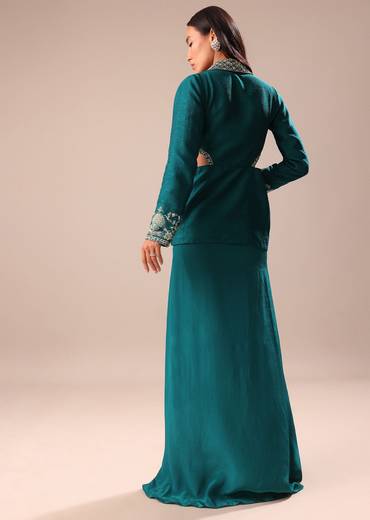 Teal Drape Skirt With Hand Embroidered Blouse And Jacket
