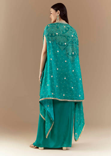 Turquoise Blue Crop Top Skirt Set with Bandhani Cape