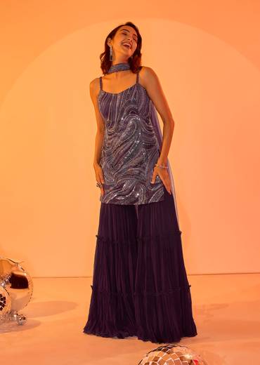 Violet Embroidered Kurti With Ruching Sharara