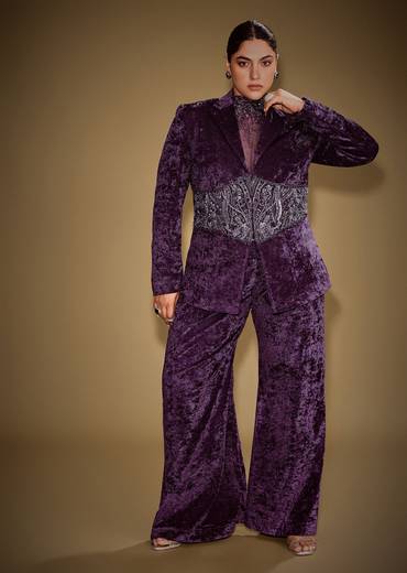 Violet Embroidered Velvet Blazer Set With Polo Neck Top And Pants