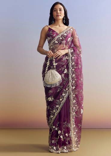 Violet Organza Saree With All Over Embroidered Floral Jaal