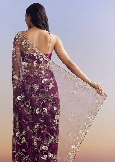 Violet Organza Saree With All Over Embroidered Floral Jaal