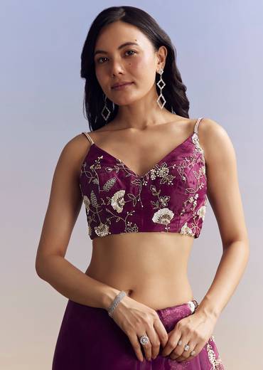 Violet Organza Saree With All Over Embroidered Floral Jaal