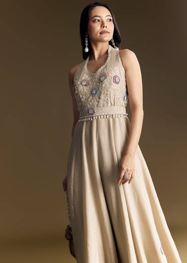 Warm Grey Indowestern Jumpsuit With Cut Dana And Sequin Embroidery