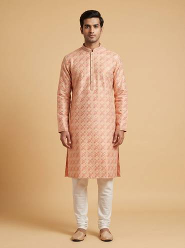 Warm Peach Checkered Kurta Set