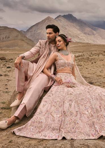 Pink 3D Embroidered Bridal Lehenga For Her & Hand Embroidered Sherwani For Him