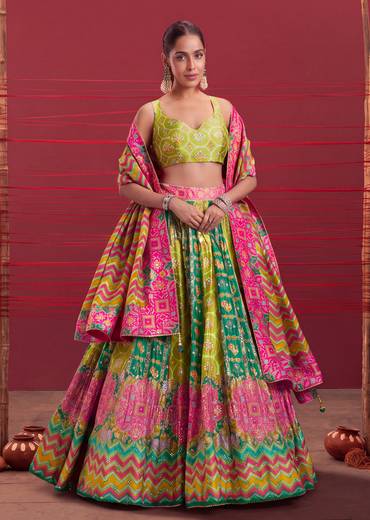 Green Russian Silk Patola Print Lehenga With Cut Dana Work