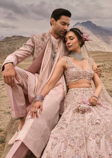 Pink 3D Embroidered Bridal Lehenga For Her & Hand Embroidered Sherwani For Him