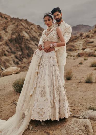 Off White Crystal Embroidered Bridal Lehenga For Her & Satin Embroidered Bandhgala For Him