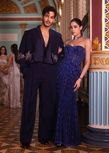 Blue Strapless Embellished Gown For Her & Crystal Embroidered Tuxedo For Him