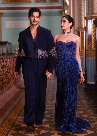 Blue Strapless Embellished Gown For Her & Crystal Embroidered Tuxedo For Him