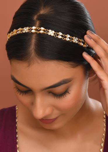 White and Gold Kundan Encrusted Mathapatti