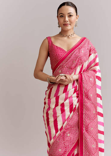 White And Pink Silk Saree With Lehariya And Bandhani Print