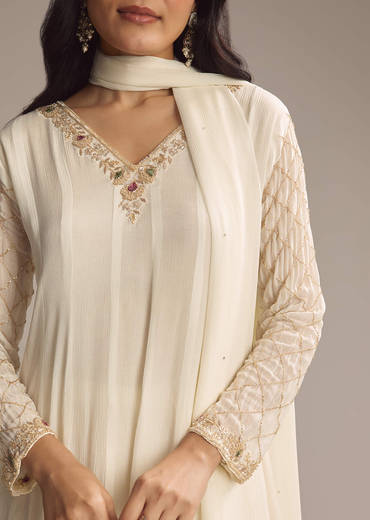 White Chinon Anarkali Suit With Cutdana And Sequins Work