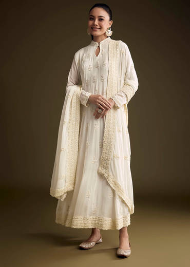 White Chinon Anarkali Suit With Heavy Hand Embroidery
