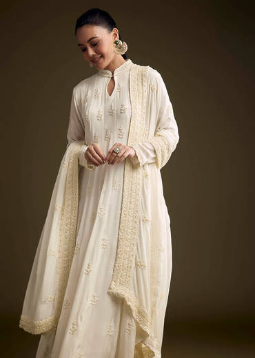 White Chinon Anarkali Suit With Heavy Hand Embroidery