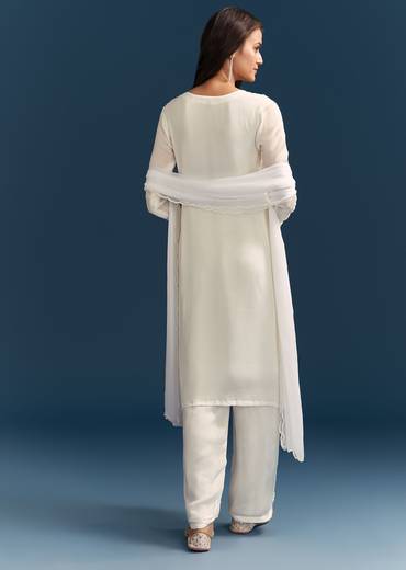 White Chinon Kurta Set With Sequins And Cut Dana Work