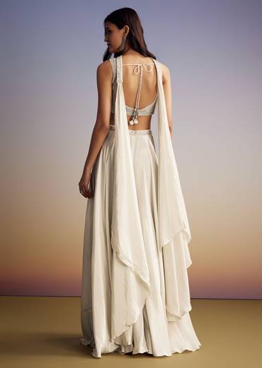 White Crepe Crop Top Set With Sequins Work And Dupatta