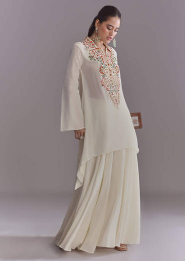 White Crepe Palazzo Suit With Thread And Resham Work