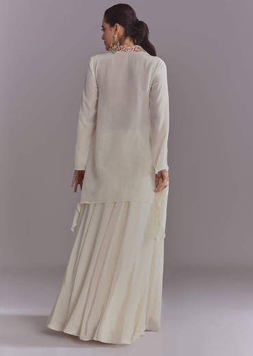 White Crepe Palazzo Suit With Thread And Resham Work