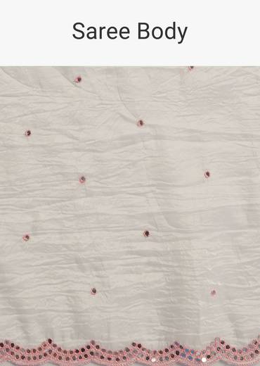 White Crepe Silk Saree With Mirror Scallop Border And Pink Contrast Blouse