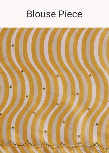 White Crepe Silk Saree With Mirror Scallop Contrast Border And Yellow Blouse