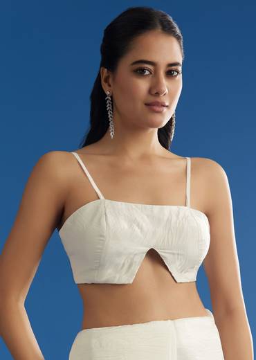 White Crepe Tissue Saree With Moti Beads And Cutdana Embroidery