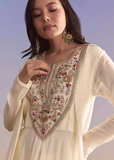 White Georgette Palazzo Suit With Resham and Sequins Embroidery
