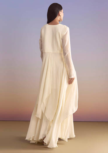 White Georgette Palazzo Suit With Resham and Sequins Embroidery