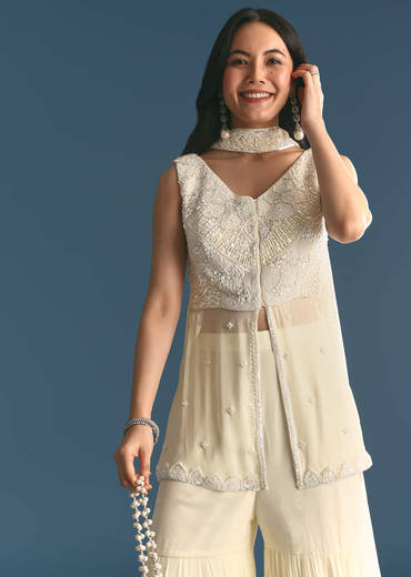 White Georgette Peplum Kurta Sharara Set With Beads And Sequins
