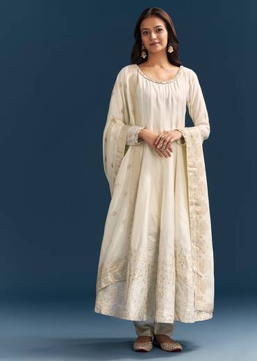White Jacquard Anarkali Suit With Organza Dupatta