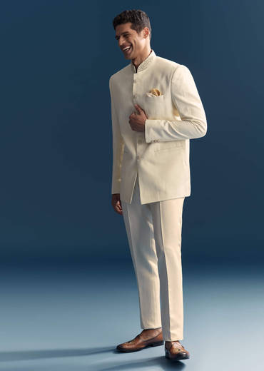 White Jacquard Jodhpuri Suit For Men With Hand Embroidery