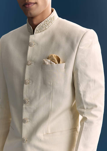 White Jacquard Jodhpuri Suit For Men With Hand Embroidery