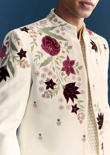 White Jodhpuri Suit For Men With Floral Hand Embroidery