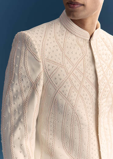 White Jodhpuri Suit For Men With Moti Work