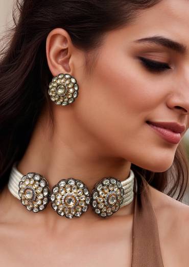 White Kundan Floral Pendant Necklace Set