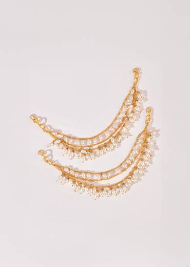 White Kundan Layered Bead Drop Earchain Set
