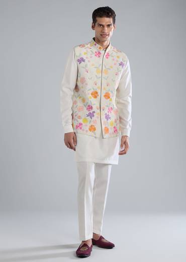 White Kurta Jacket Set With Dori Work Detailing
