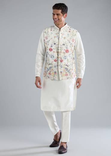 White Kurta Jacket Set With Thread Resham Work