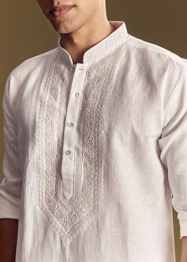 White Linen Kurta Set With Thread Embroidery