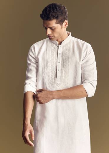White Linen Kurta Set With Thread Embroidery