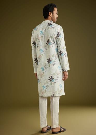 White Linen Zipper Kurta Set With Abstract Leaf Motifs