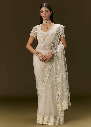 White Net Saree With All Over Heavy Embroidery