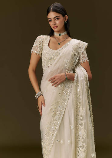 White Net Saree With All Over Heavy Embroidery