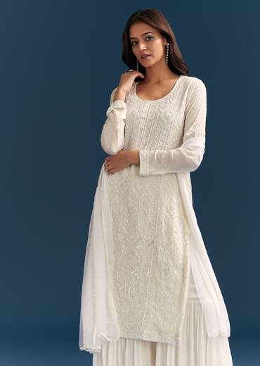 White Pakistani Sharara Suit With Sequin Details And Dupatta
