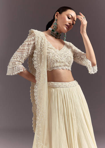 White Rushed Lehenga Set With Cape Dupatta