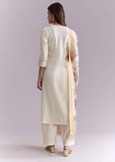 White Silk Anarkali Suit With Rose Motif And Thread Work