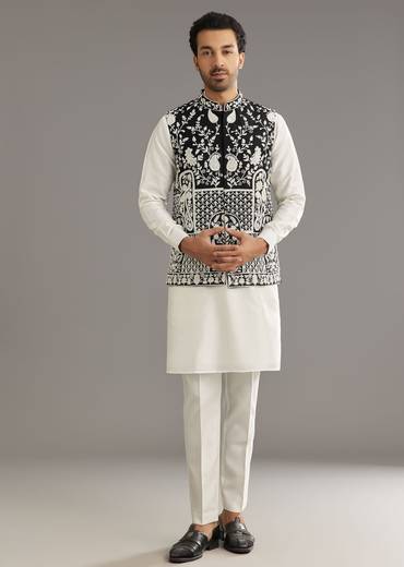 White Silk Kurta Set With Black Dori And Zardosi Jacket