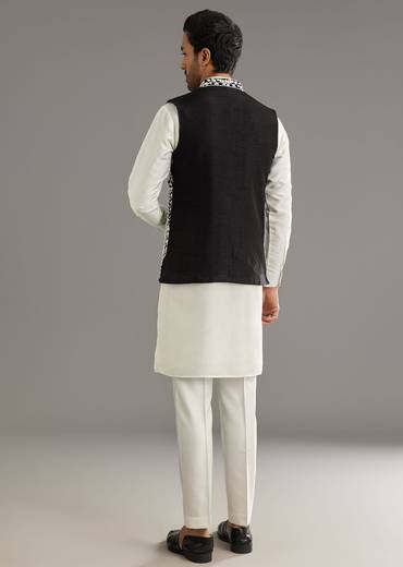 White Silk Kurta Set With Black Dori And Zardosi Jacket