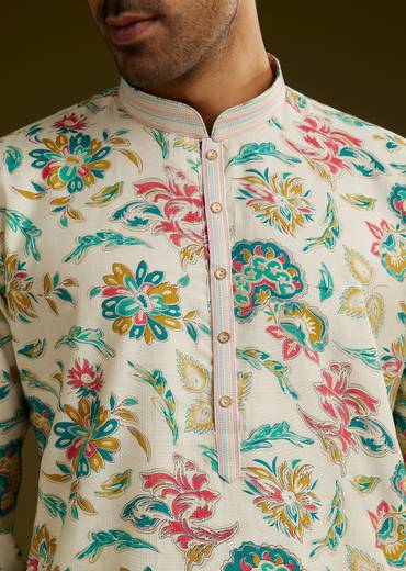 White Silk Kurta Set With Cold Coloured Nature Motifs